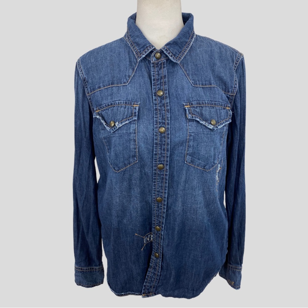 Current Elliott Distressed Denim Button Down Shirt